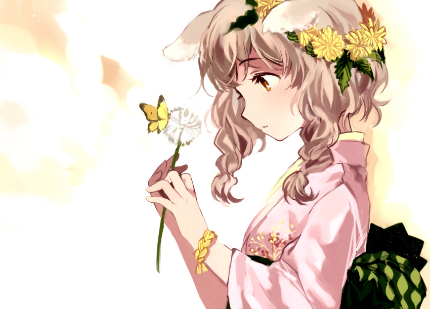 1girl animal_ears braid brown_eyes brown_hair butterfly dog_ears flower flower_on_head holding japanese_clothes kimono original parted_lips short_hair solo tan_(tangent) twin_braids