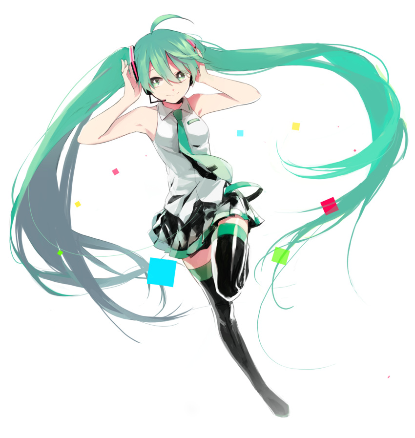 1girl ahoge df=6 green_eyes green_hair hatsune_miku headset highres long_hair necktie simple_background skirt smile solo thigh-highs twintails very_long_hair vocaloid white_background