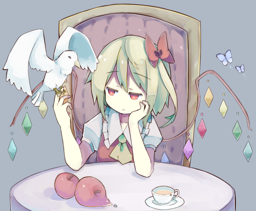 1girl apple ascot baron_(x5qgeh) bird blonde_hair chair cup flandre_scarlet food fruit headrest open_mouth red_eyes side_ponytail table teacup touhou wings