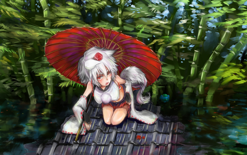 &gt;:o 2girls :o animal_ears backpack bag bamboo bamboo_forest bare_legs black_gloves blue_hair blush body_blush breasts bridal_gauntlets cabbie_hat crop_top crop_top_overhang detached_sleeves eyebrows fingerless_gloves forest gloves hair_bobbles hair_ornament hat highres holding_umbrella inubashiri_momiji kawashiro_nitori kneeling leaf leaning_forward long_sleeves multiple_girls nature navel oriental_umbrella partially_submerged pom_pom_(clothes) purupuru red_eyes rooftop short_hair silver_hair skirt submerged tail thick_eyebrows tile_roof tokin_hat touhou umbrella water wide_sleeves wolf_ears wolf_tail