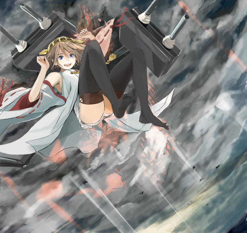 1girl black_legwear blue_eyes brown_hair clouds detached_sleeves doraragi floating headgear hiei_(kantai_collection) highres kantai_collection light_rays looking_at_viewer machinery no_shoes nontraditional_miko panties pantyshot short_hair sky smile solo sunbeam sunlight thigh-highs underwear