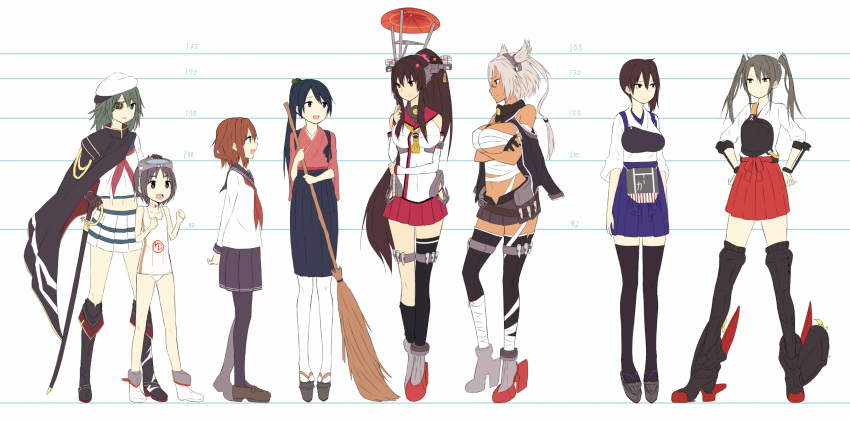 6+girls armor black_eyes black_hair broom brown_hair cafe_choco cape crossed_arms dark_skin eyepatch gloves goggles goggles_on_head green_eyes green_hair hair_ornament hair_ribbon hairband hands_on_hips hat height_chart highres houshou_(kantai_collection) ikazuchi_(kantai_collection) japanese_clothes kaga_(kantai_collection) kantai_collection kiso_(kantai_collection) maru-yu_(kantai_collection) midriff multiple_girls muneate musashi_(kantai_collection) navel pantyhose ponytail ribbon sarashi side_ponytail silver_hair swimsuit sword thigh-highs twintails umbrella weapon yamato_(kantai_collection) zuikaku_(kantai_collection)