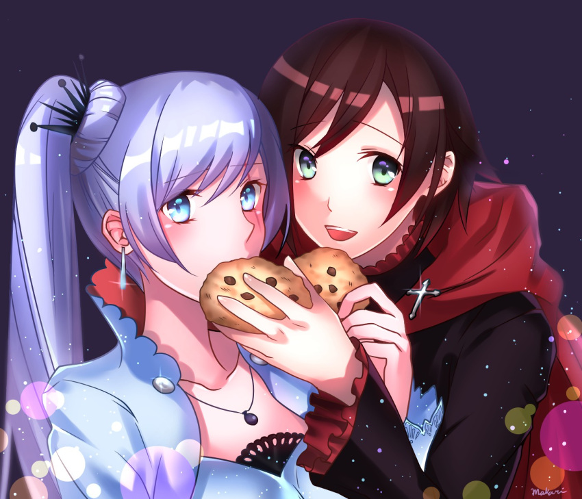 2girls blush cookie cross earrings food highres jewelry looking_at_viewer multiple_girls necklace open_mouth ruby_rose rwby weiss_schnee