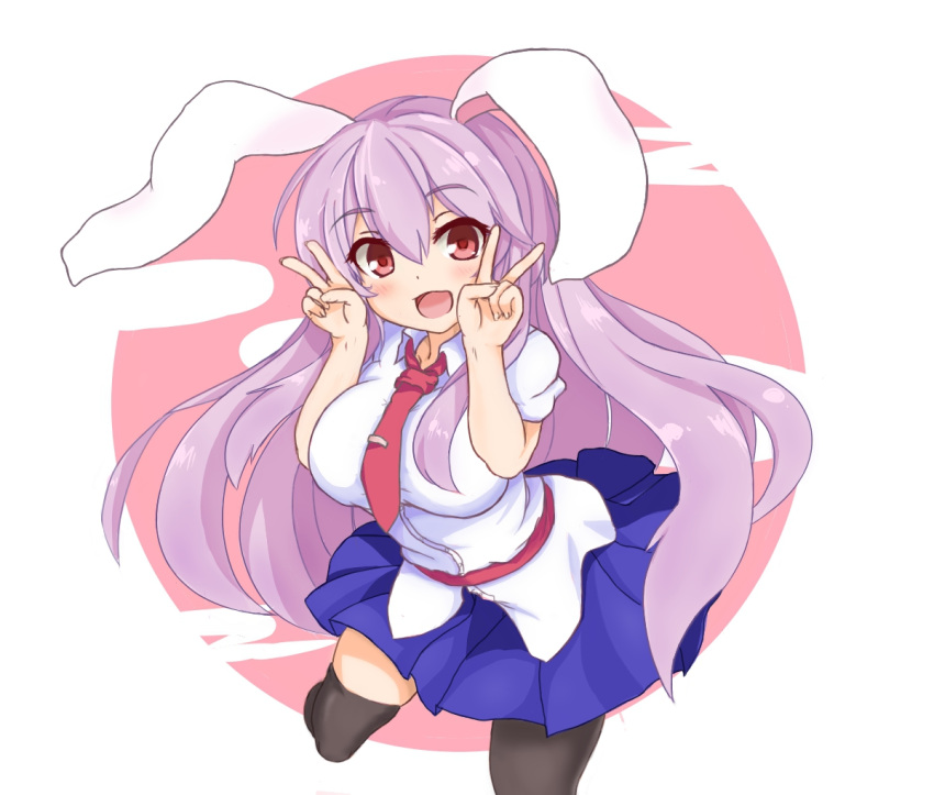 1girl animal_ears black_legwear blush double_v dress_shirt full_moon long_hair moon necktie one_leg_up open_mouth pleated_skirt puffy_short_sleeves puffy_sleeves purple_hair rabbit_ears red_eyes red_necktie reisen_udongein_inaba shirt short_sleeves simple_background skirt smile solo sprout_(33510539) touhou v very_long_hair white_shirt