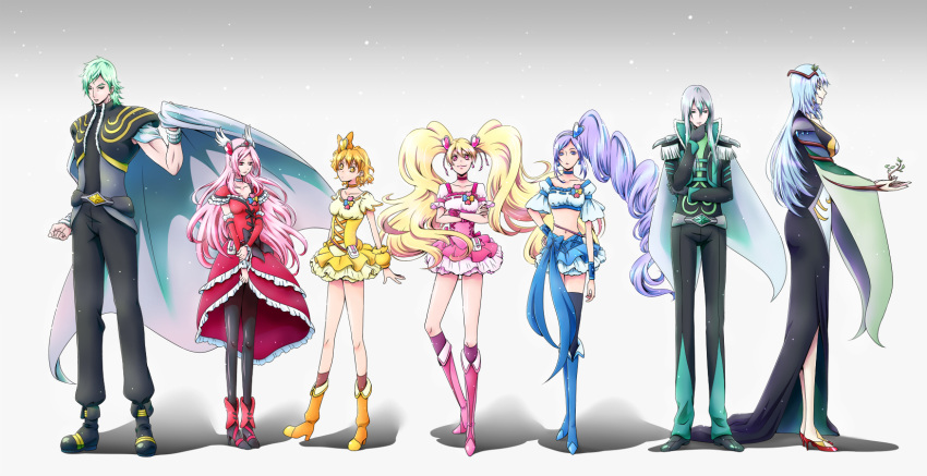 2boys 5girls aono_miki belt black_legwear blonde_hair blue_eyes blue_hair blue_skirt boots cape choker crop_top cure_berry cure_passion cure_peach cure_pine detached_sleeves dress drill_hair earrings expressionless eyelashes fresh_precure! frilled_dress frilled_skirt frills green_eyes green_hair hair_ornament hair_ribbon hairband happy heart heart_hair_ornament higashi_setsuna high_heel_boots high_heels highres hyu-ga1619k jewelry knee_boots kneehighs lineup long_hair looking_afar looking_at_viewer looking_to_the_side magical_girl midriff momozono_love multiple_boys multiple_girls navel northa_(fresh_precure!) pants pantyhose pink_dress pink_eyes pink_hair ponytail precure puffy_sleeves purple_hair red_dress ribbon shoes short_hair side_ponytail silver_hair skinny skirt smile souler_(fresh_precure!) standing tagme thigh-highs thighs twintails uniform violet_eyes wester_(fresh_precure!) wrist_cuffs yamabuki_inori yellow_dress yellow_eyes zettai_ryouiki