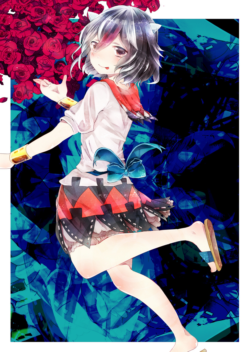 1girl :p bare_legs bracelet dress flower frilled_dress frills highres horns jewelry kijin_seija multicolored_hair red_eyes red_rose rose sandals suzune_hapinesu tongue tongue_out touhou