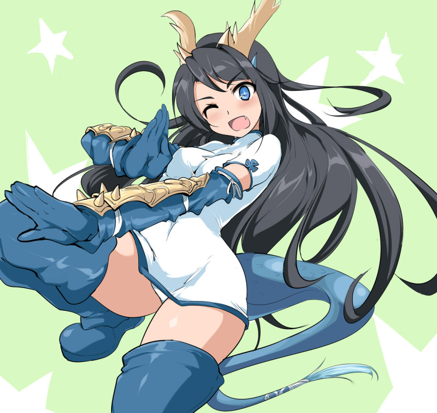 +_+ 1girl ;d black_hair blue_eyes blue_gloves blue_legwear blush boots breasts chinese_clothes dragon_girl dragon_tail elbow_gloves fang fighting_stance gloves green_background head_fins horns karin_(p&amp;d) leg_up long_hair looking_at_viewer momio one_eye_closed open_mouth panties pantyshot pantyshot_(standing) puzzle_&amp;_dragons smile solo standing star tail thigh-highs thigh_boots underwear very_long_hair white_panties