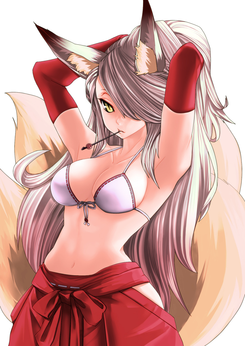 1girl animal_ears armpits arms_up bikini_top fox_ears fox_girl fox_tail highres japanese_clothes kinako_(azguchy) kitsune long_hair looking_at_viewer midriff mouth_hold multiple_tails navel original pink_hair slit_pupils solo tail yellow_eyes