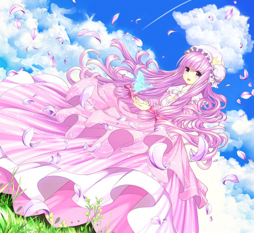 1girl blue_sky catbell crescent_hair_ornament from_ground grass hair_ornament hat highres long_hair patchouli_knowledge petals purple_hair sash sky solo touhou very_long_hair violet_eyes wind