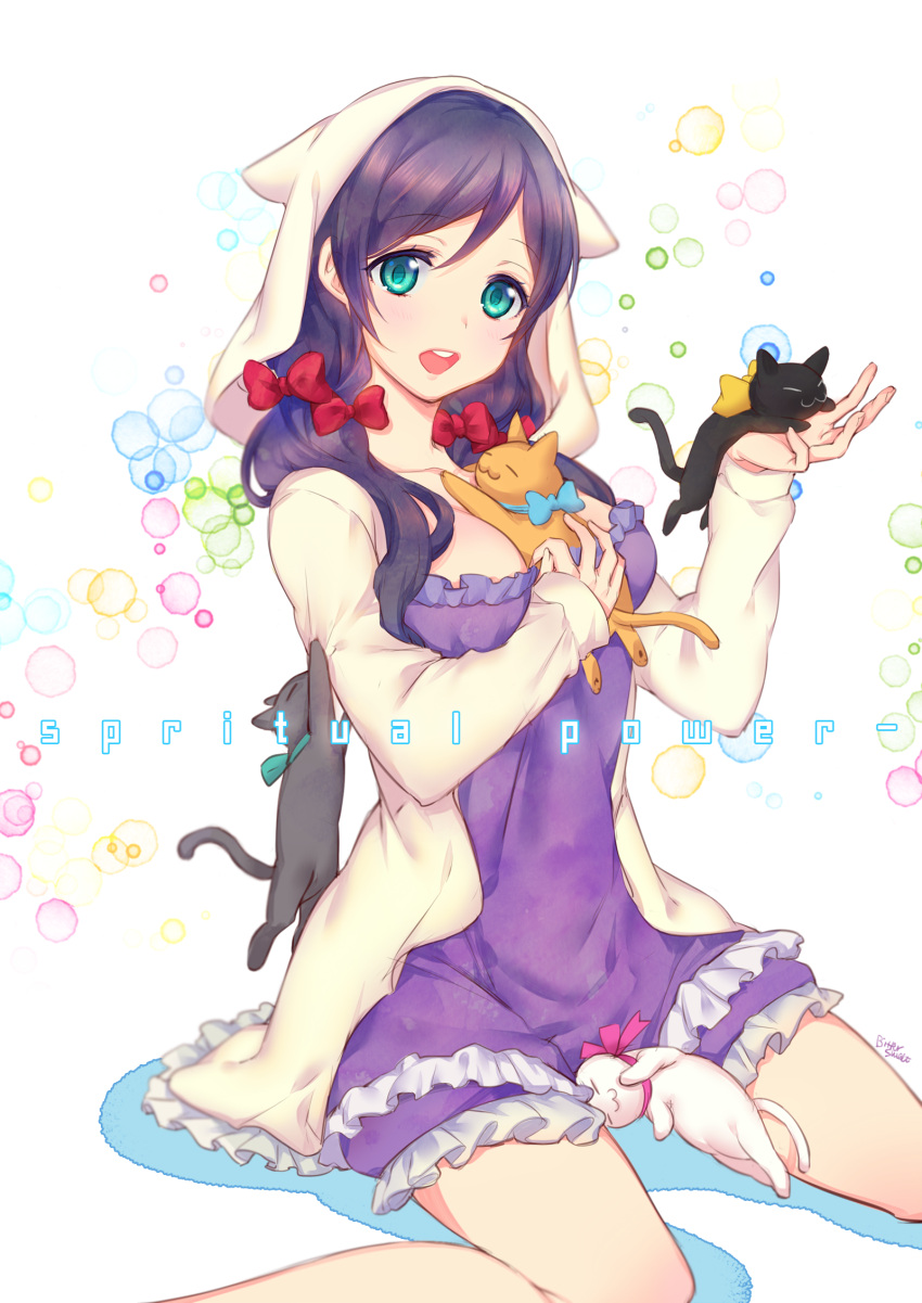 1girl animal_hood aqua_eyes between_breasts bittersweet_(dalcoms) blush breasts cat highres hood long_hair looking_at_viewer love_live!_school_idol_project nightgown open_mouth pajamas purple_hair sitting solo toujou_nozomi twintails wariza