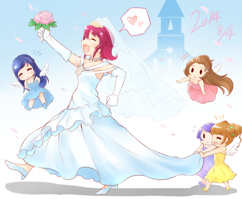 2014 5girls aida_mana arakawa_tarou blue_hair blush brown_hair closed_eyes dated dokidoki!_precure dress eyelashes flower gown gradient gradient_background happy heart high_heels highres hishikawa_rikka kenzaki_makoto madoka_aguri multiple_girls open_mouth pink_hair precure purple_hair shoes smile tagme wedding wedding_dress white_dress yotsuba_alice