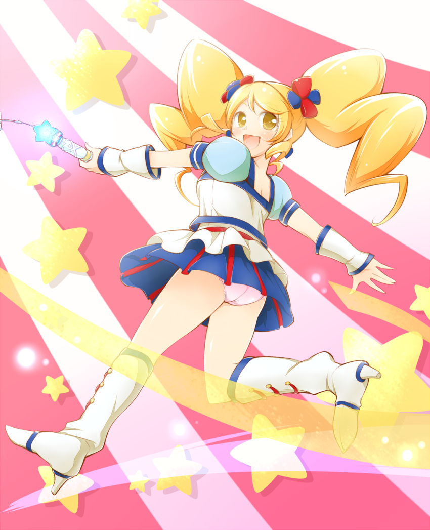 1girl alternate_form arakawa_tarou blonde_hair blush boots cure_honey eyelashes hair_ornament happinesscharge_precure! happy high_heel_boots high_heels highres knee_boots kneehighs long_hair looking_at_viewer magical_girl oomori_yuuko open_mouth popcorn_cheer precure puffy_sleeves shirt skirt smile solo twintails wrist_cuffs yellow_eyes