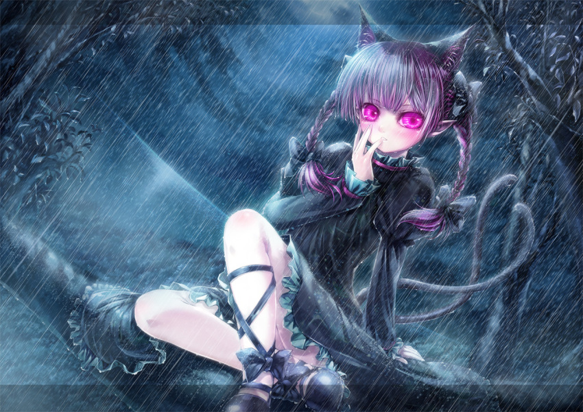 1girl animal_ears arm_support blush braid cat_ears cat_tail dress extra_ears frilled_dress frills hand_to_own_mouth in_tree juliet_sleeves kaenbyou_rin leg_ribbon long_sleeves mary_janes misaki_(kyal_001) moonlight multiple_tails night pointy_ears puffy_sleeves purple_hair rain shoes sitting sitting_in_tree solo tail touhou tree twin_braids two_tails violet_eyes wet wet_clothes wet_dress