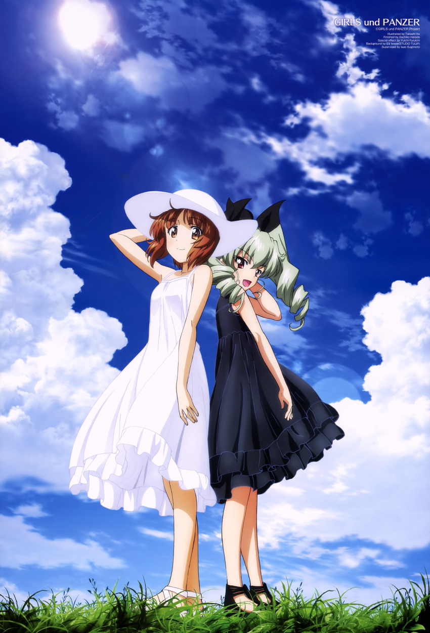 2girls :d absurdres anchovy animedia black_dress clouds cloudy_sky dress drill_hair girls_und_panzer grass hand_on_headwear hat highres itou_takeshi multiple_girls nishizumi_miho no_socks official_art open_mouth sandals sky smile sun_hat sundress tagme twin_drills white_dress