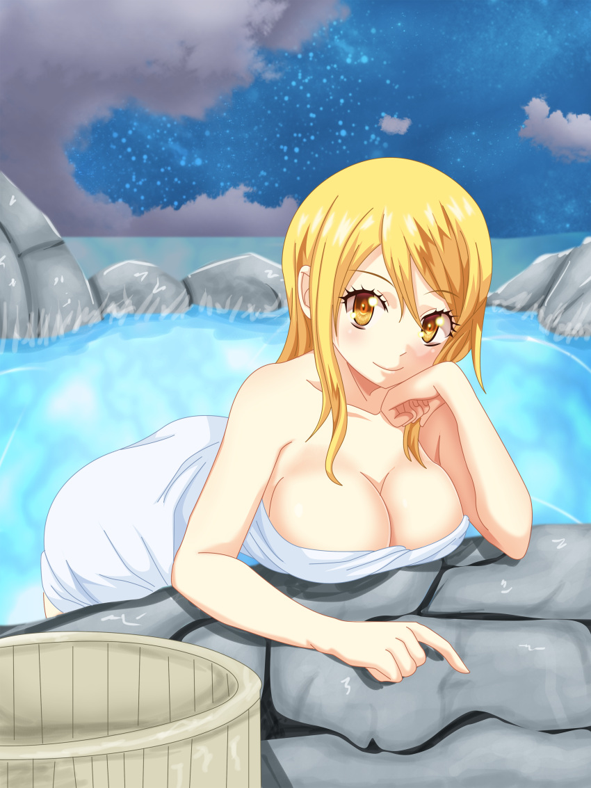 1girl absurdres bent_over blonde_hair blush breasts brown_eyes chin_rest cleavage clouds fairy_tail highres large_breasts long_hair looking_at_viewer lucy_heartfilia naked_towel night night_sky onsen planeptune sky smile solo star_(sky) towel water