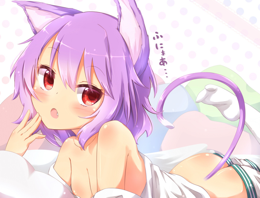 1girl :o animal_ears bare_shoulders blush butt_crack cat_ears cat_tail fang hand_to_own_mouth highres kantai_collection kemonomimi_mode kisa_(k_isa) looking_away lying on_stomach polka_dot polka_dot_background purple_hair red_eyes short_hair shorts solo tail tama_(kantai_collection) white_legwear