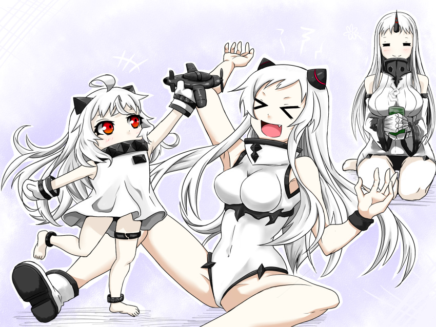 &gt;_&lt; 3girls :d =_= ahoge airfield_hime airplane claws closed_eyes covered_mouth detached_sleeves highres holding horn horns kantai_collection long_hair mittens multiple_girls northern_ocean_hime open_mouth pale_skin rakku_(10219563) red_eyes seaport_hime seiza shinkaisei-kan sitting smile white_hair xd