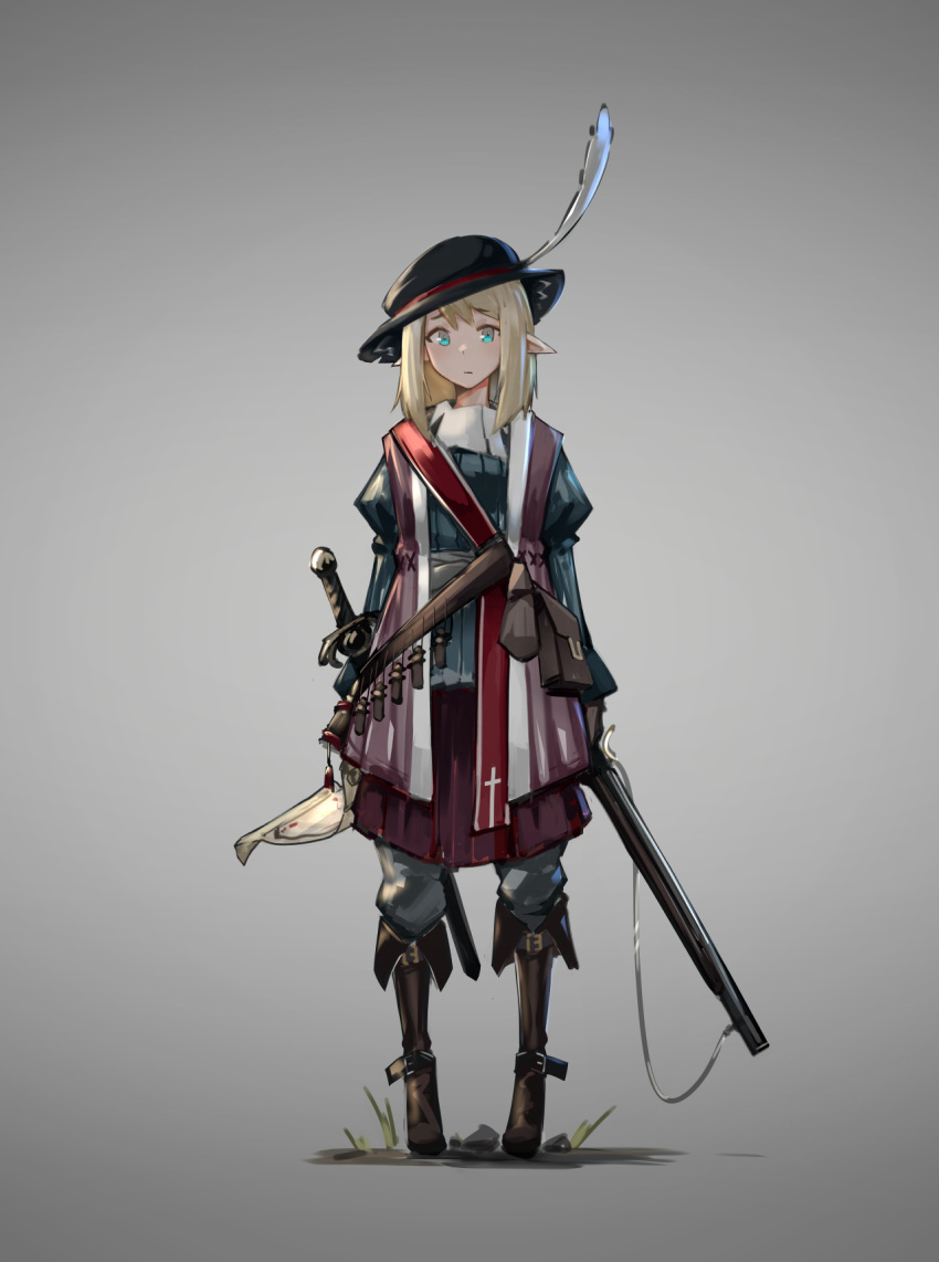 1girl bangs blonde_hair blue_eyes commentary_request commission deel_(rkeg) elf eyebrows_visible_through_hair grey_background gun hat highres holding holding_gun holding_map holding_weapon looking_at_viewer original pointy_ears short_hair simple_background solo standing weapon