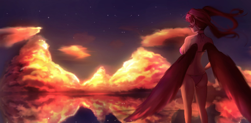 1girl ass bikini breasts brown_hair clouds cloudy_sky commentary_request from_behind hand_on_hip himekaidou_hatate reflection ripples sky solo standing star_(sky) starry_sky sunset swimsuit touhou twintails untsue wings