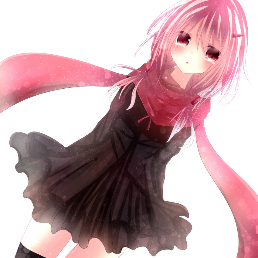 1girl black_legwear crying crying_with_eyes_open guilty_crown hair_ornament hairclip highres kakyoxx long_hair looking_at_viewer open_mouth pink_hair red_eyes scarf solo tears twintails yuzuriha_inori
