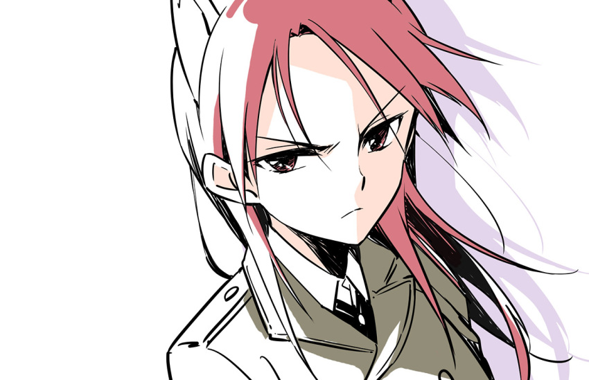 &gt;:( 1girl agahari animal_ears frown long_hair military military_uniform minna-dietlinde_wilcke red_eyes redhead silhouette simple_background solo strike_witches uniform white_background wolf_ears