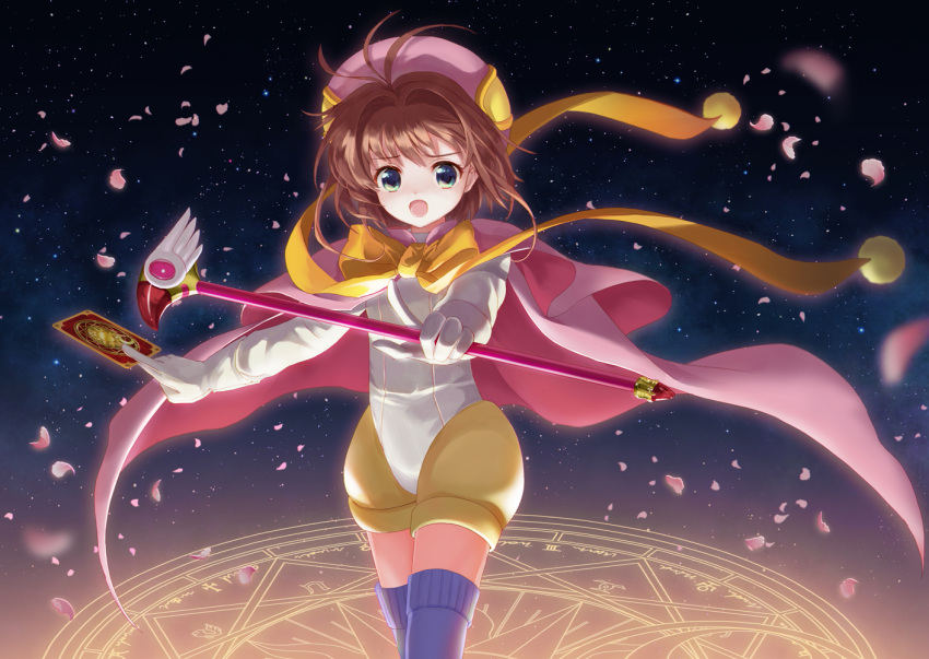 1girl brown_hair cape cardcaptor_sakura cherry_blossoms clow_card costume dress fuuin_no_tsue gloves green_eyes hat kinomoto_sakura magic_circle magical_girl moai_(aoh) pom_pom_(clothes) short_hair solo thigh-highs white_gloves