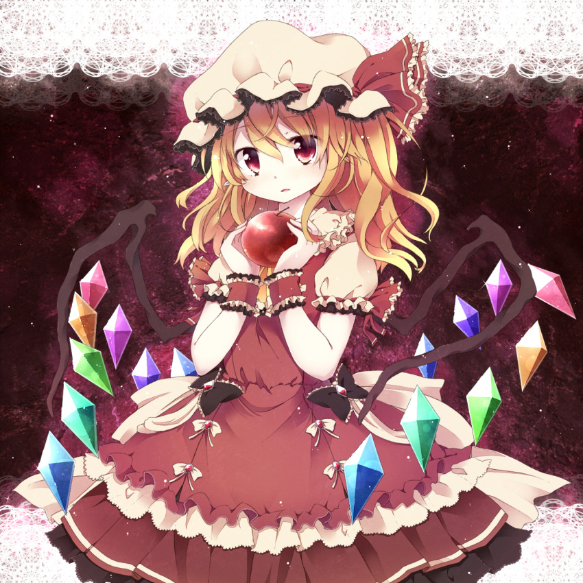 1girl adapted_costume alternate_costume apple blonde_hair bow dress flandre_scarlet food frills fruit fuuen_(akagaminanoka) hat hat_ribbon highres mob_cap parted_lips puffy_short_sleeves puffy_sleeves red_dress red_eyes ribbon shirt short_sleeves side_ponytail solo touhou wings wrist_cuffs