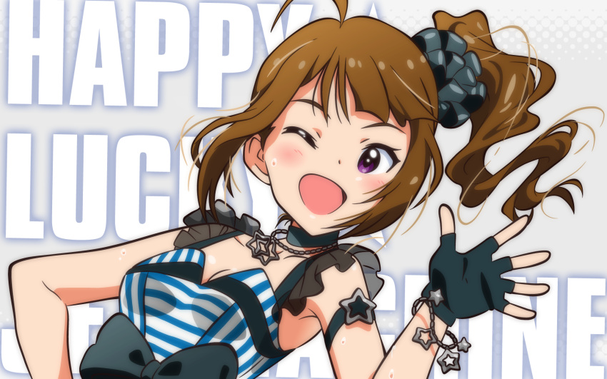 1girl ahoge akizuki_ritchan black_gloves blush bow breasts brown_hair choker cleavage fingerless_gloves gloves highres idolmaster idolmaster_million_live! jewelry long_hair necklace official_style one_eye_closed open_mouth side_ponytail smile solo sweat sweatdrop violet_eyes yokoyama_nao