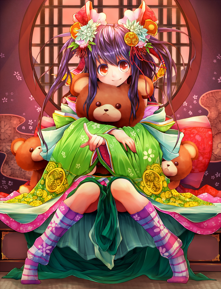 1girl detached_sleeves hair_ornament highres long_hair long_image looking_at_viewer object_hug original pointing pointing_at_viewer purple_hair red_eyes sitting smile solo stuffed_animal stuffed_toy teddy_bear teko twintails wide_image