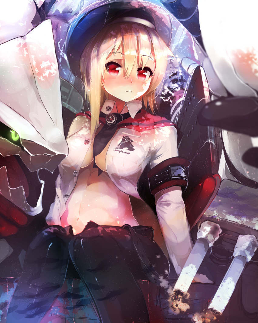 1girl :c absurdres arm_support belt between_breasts black_pants blonde_hair blush breasts buttons cannon cleavage hat highres hms_thunderer_(siirakannu) kantai_collection knees_together_feet_apart large_breasts looking_at_viewer machinery midriff navel necktie necktie_between_breasts omo_(utakatadice) open_clothes open_shirt original pants red_eyes sailor_collar short_hair sitting smoke solo turret unbuckled_belt unzipped