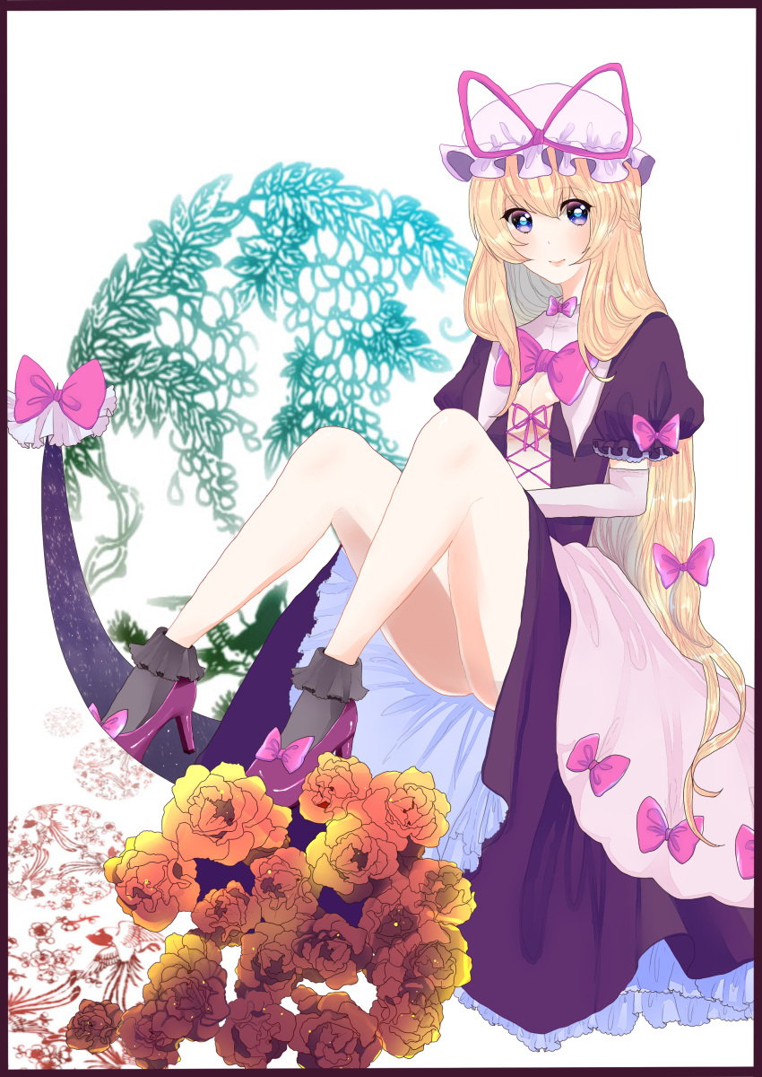 1girl absurdres adapted_costume bangs bird_print black_eyes black_legwear blonde_hair bow breasts cleavage dress elbow_gloves floral_background flower frame frilled_dress frills gap gloves gradient_eyes hair_bow high_heels highres jpeg_artifacts legs legs_up lips long_hair multicolored_eyes purple_dress purple_shoes reflective_eyes ribbon ribbon-trimmed_clothes ribbon_trim rog92 shoe_bow simple_background smile snowing socks solo tagme thighs touhou very_long_hair violet_eyes white_background yakumo_yukari