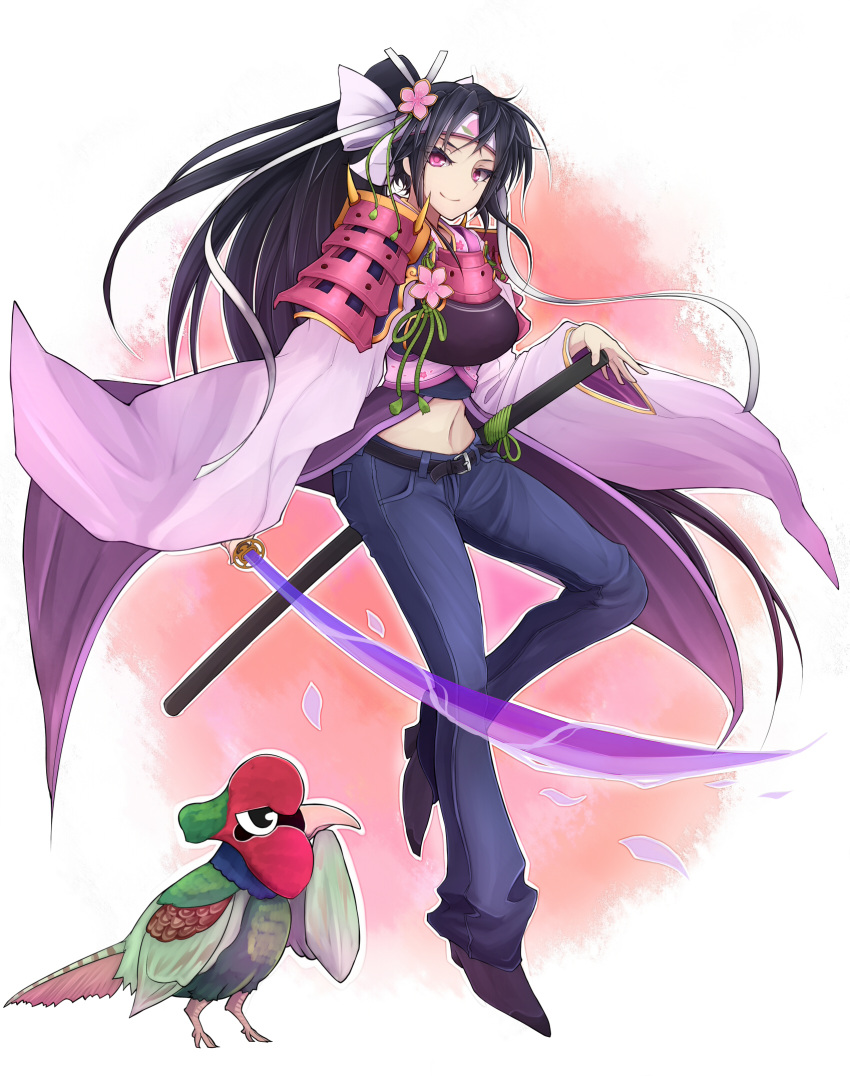 &gt;:) 1girl armor armored_dress bird black_hair food food_themed_clothes fruit hair_ornament headband highres holding katana long_hair looking_at_viewer mahou_shoujo_taisen_contest_2 navel original peach petals pink_eyes ponytail smile sword teko weapon