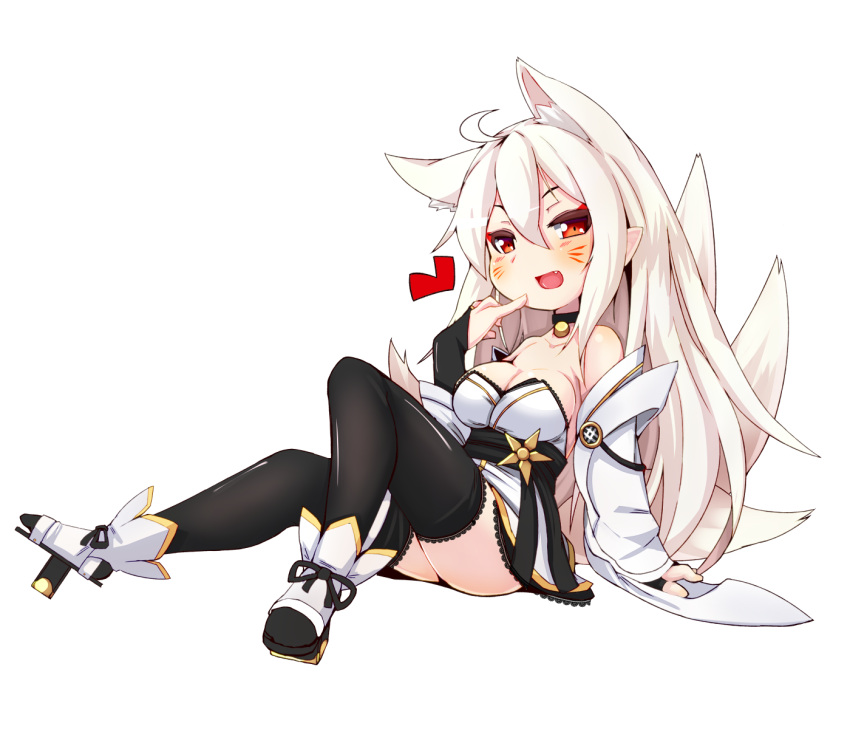 1girl animal_ears blush breasts cleavage detached_sleeves facial_mark fang finger_to_mouth fox_ears fox_tail heart highres long_hair looking_at_viewer multiple_tails open_mouth phantasy_star phantasy_star_online_2 red_eyes silver_hair tail teranekosu