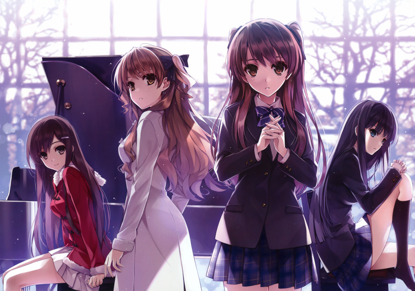 2girls absurdres black_eyes black_hair black_legwear brown_eyes brown_hair coat fur_trim hair_ornament hair_ribbon hairclip hands_together highres huge_filesize instrument kneehighs kuroya_shinobu leaning_forward long_hair looking_at_viewer misaki_kurehito morikawa_yuki multiple_girls ogata_rina ogiso_setsuna parted_lips payot piano plaid plaid_skirt pleated_skirt ribbon school_uniform short_twintails sitting skirt smile touma_kazusa trait_connection twintails white_album white_album_2