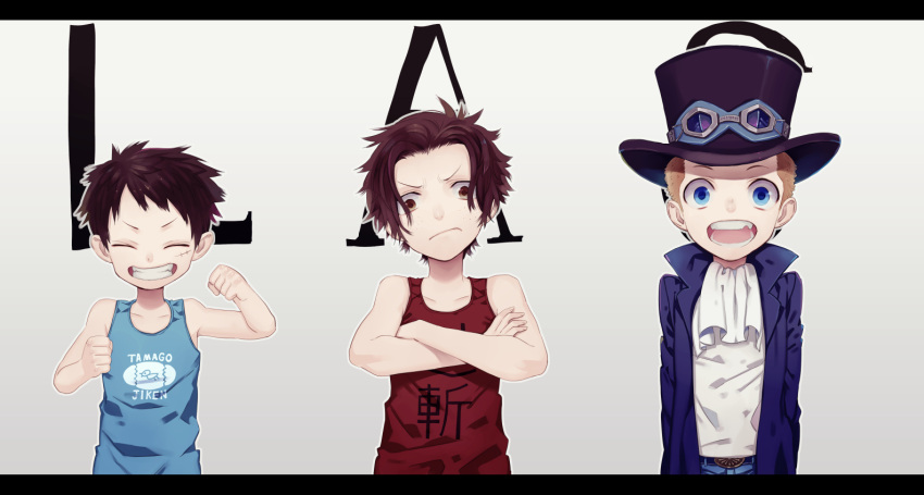 3boys black_hair blonde_hair freckles goggles goggles_on_hat hat monkey_d_luffy multiple_boys one_piece portgas_d_ace sabo_(one_piece) scar short_hair too_mizuguchi top_hat younger