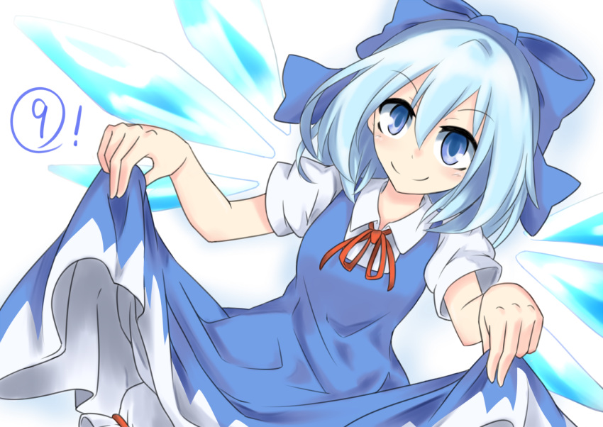 (9) 1girl blue_dress blue_eyes blue_hair blue_ribbon cirno dress dress_shirt ice ice_wings puffy_short_sleeves puffy_sleeves ribbon shirt short_hair short_sleeves simple_background smile solo touhou white_background white_blouse white_shirt wings