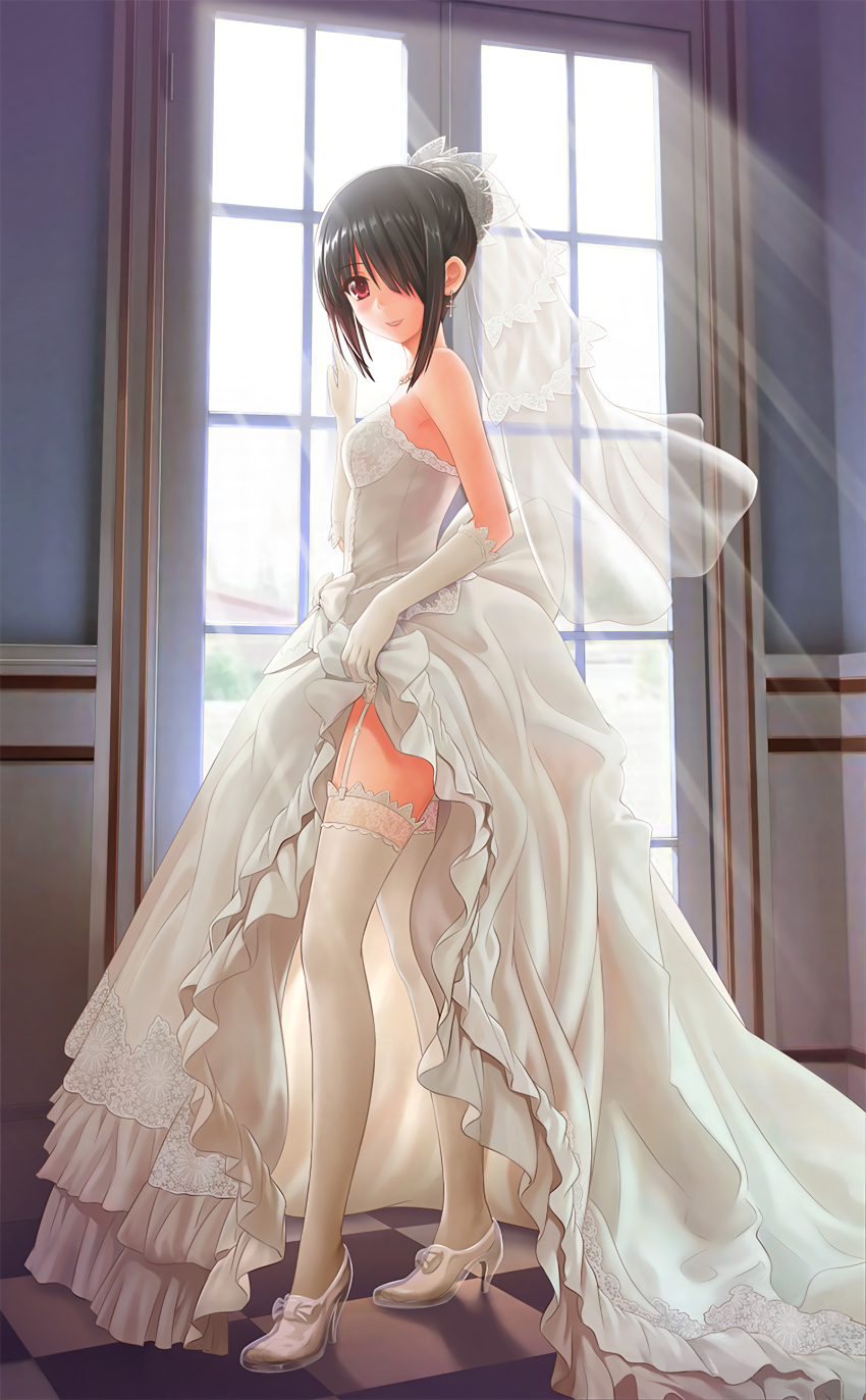 1girl absurdres bare_shoulders black_hair bridal_veil checkered checkered_floor clock_eyes cross date_a_live dress dress_lift earrings elbow_gloves garter_straps glass_slipper gloves hair_bun hair_over_one_eye high_heels highres jewelry lace lace-trimmed_thighhighs legs long_hair long_legs looking_at_viewer misakamitoko0903 necklace red_eyes shoes smile solo thigh-highs tokisaki_kurumi upscaled veil waifu2x wedding_dress white_legwear window
