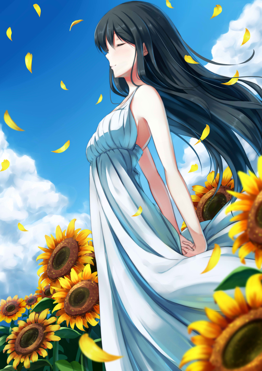 1girl arms_behind_back black_hair blurry closed_eyes clouds depth_of_field dress flower highres nicoby original petals profile sky solo sundress sunflower
