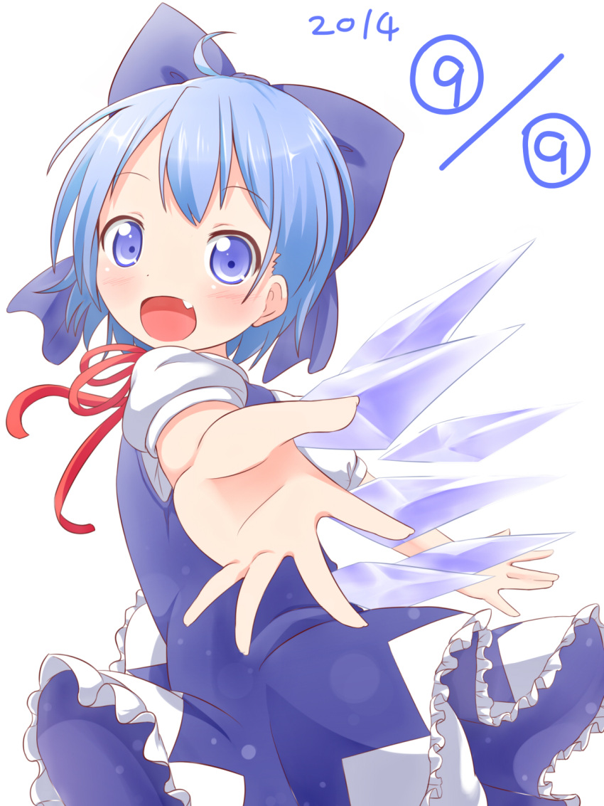 (9) 1girl blue_dress blue_eyes blue_hair blush bow child cirno dress fang female hair_bow highres ice ice_wings makuran open_mouth puffy_short_sleeves puffy_sleeves red_ribbon ribbon shirt short_sleeves smile solo touhou wings