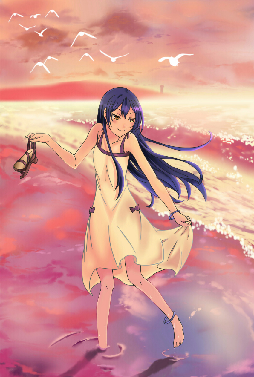 1girl anklet barefoot beach bird blue_hair bracelet dress high_heels highres holding holding_shoes jewelry legs love_live!_school_idol_project ribbon sea_spray solo sonoda_umi sundress wading water waves wet