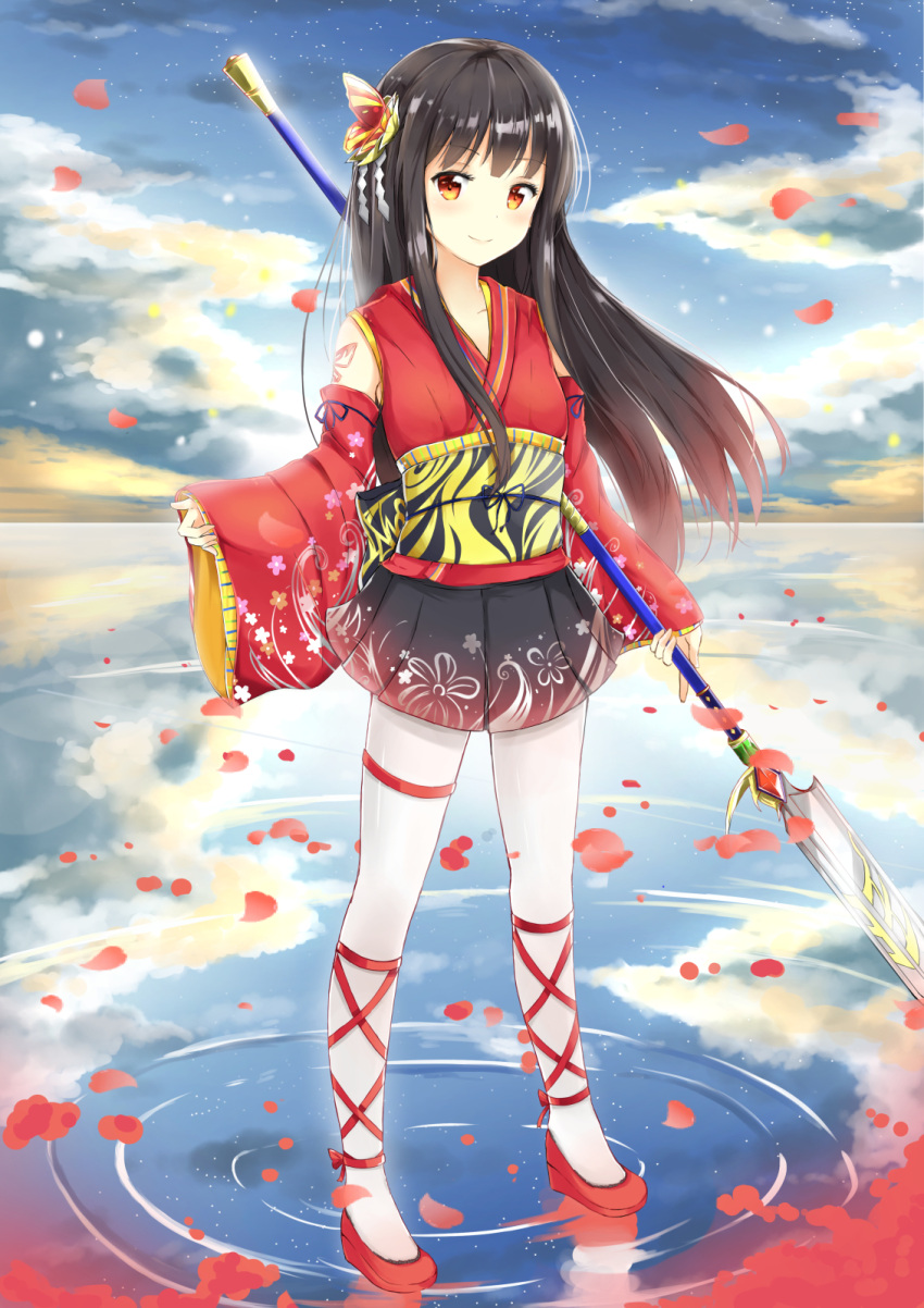 1girl black_hair clouds highres japanese_clothes kimono long_hair looking_at_viewer orange_eyes original petals polearm sky solo spear standing_on_water tailam traditional_clothes water weapon white_legwear yukata