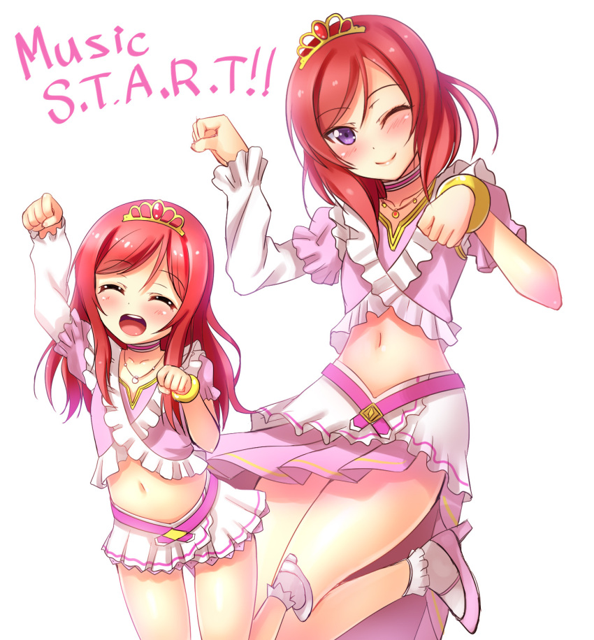 1girl closed_eyes dress frilled_dress frills highres long_hair long_sleeves looking_at_viewer love_live!_school_idol_project midriff miniskirt music_s.t.a.r.t!! nishikino_maki paw_pose puffy_long_sleeves puffy_short_sleeves puffy_sleeves redhead short_hair short_sleeves single_sleeve skirt standing_on_one_leg time_paradox violet_eyes wink yu-ta