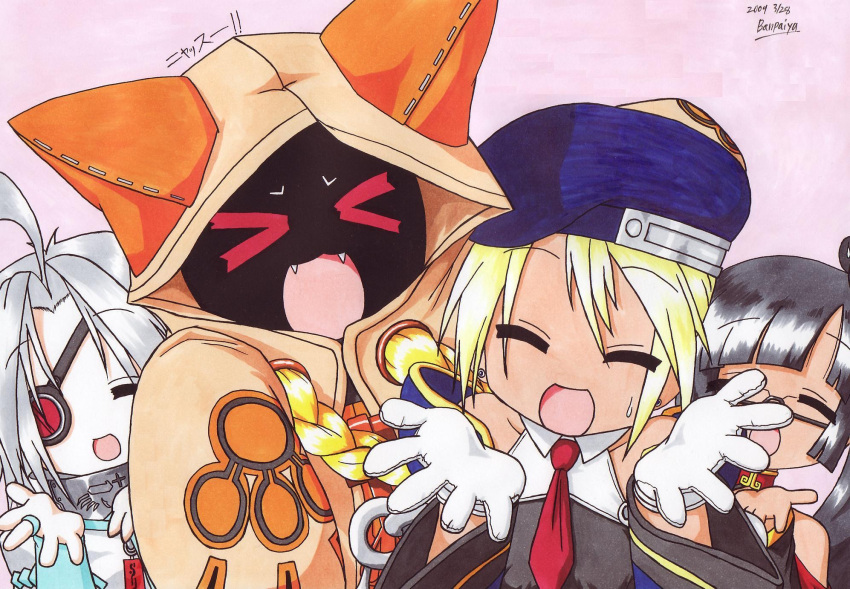 animal_ears banpaiyu blazblue blonde_hair cat_ears eyepatch gloves hat highres litchi_faye_ling lucky_star marker_(medium) motteke!_serafuku necktie noel_vermillion nu-13 parody signature taokaka traditional_media v-13 white_hair