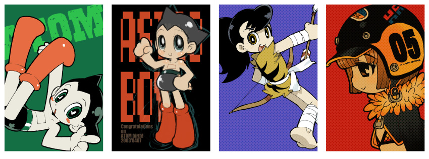 70s 80s android arrow astro_boy atom atom_(tetsuwan_atom) black_hair bow character_request dororo green_eyes helmet highres long_image oldschool pinoko tetsuwan_atom usshi wide_image