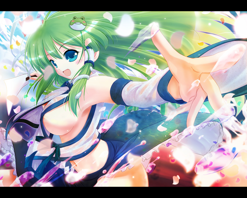 armpits bare_shoulders blue_eyes breasts cherry_blossoms detached_sleeves foreshortening frog gohei green_hair hair_ornament hands kochiya_sanae large_breasts long_hair midriff navel no_bra open_mouth outstretched_arms pooru porurin_(do-desho) see-through sideboob smile snake solo spread_arms touhou wallpaper