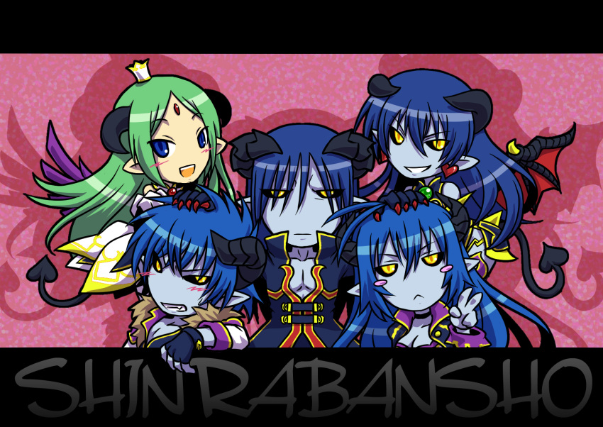 alfine astaroth beelzebub_(shinrabansho) belial_(shinrabansho) blue_eyes blue_hair blue_skin blush breasts cleavage crown demon_girl demon_tail earrings family fang gloves green_hair grin highres horns jacket jewelry long_hair pointy_ears shinrabansho smile succubus tail v wings yellow_eyes