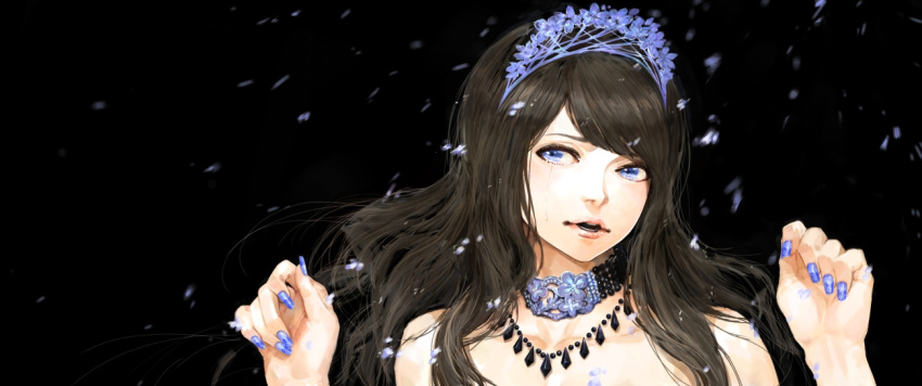 blue_eyes hairband jewelry long_hair necklace original simple_background snow solo tears v8