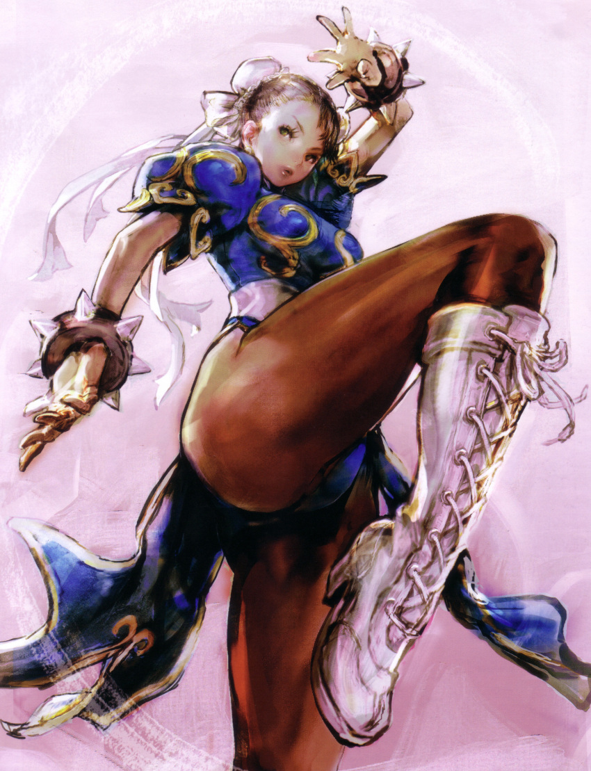 absurdres boots bracelet bun_cover capcom china_dress chinadress chinese_clothes chun-li fighting_stance highres jewelry lee_min-piyo pantyhose scan solo spiked_bracelet spikes standing_on_one_leg street_fighter street_fighter_ii thick_thighs thighs