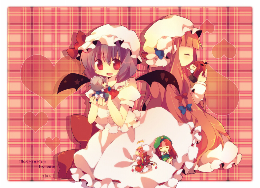 ana_(artist) ana_(rznuscrf) bad_id bat_wings chibi closed_eyes flandre_scarlet frills hat head_wings heart hong_meiling izayoi_sakuya kiss koakuma minigirl open_mouth patchouli_knowledge red_eyes sleeping touhou wallpaper wings