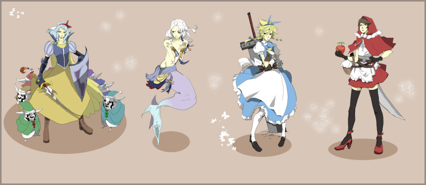 alice_(wonderland)_(cosplay) alice_in_wonderland apple basket blonde_hair boots bow brown_hair cecil_harvey cloud_strife covering covering_breasts crossdressing dissidia_final_fantasy dress dwarves final_fantasy final_fantasy_i final_fantasy_iv final_fantasy_vii final_fantasy_viii food fruit garland_(ff1) gloves gunblade hair_bow helmet high_heels hood huge_weapon hyaku_chi jewelry little_mermaid little_red_riding_hood little_red_riding_hood_(cosplay) male mermaid necklace scar shield shoes skirt snow_white snow_white_(cosplay) squall_leonhart sword tail thigh-highs topless trap warrior_of_light white_hair zettai_ryouiki